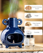 Handcrafted Palo Santo Holder, Incense Candle and Matchstick Mini Chiminea for Meditation Space, Wood Sticks and Bulk Incense, Blue