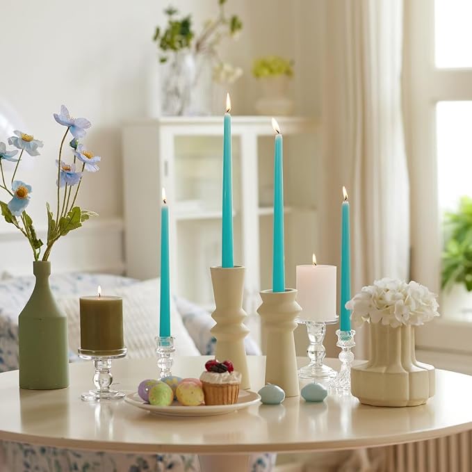 New Burning Formula Unscented Dripless 10-Inch Taper Candles Set of 12 - Turquoise, for Wedding, Dinner - Smokeless, Long Burning - Hand Poured, Colored Tall Candlesticks - Turquesa