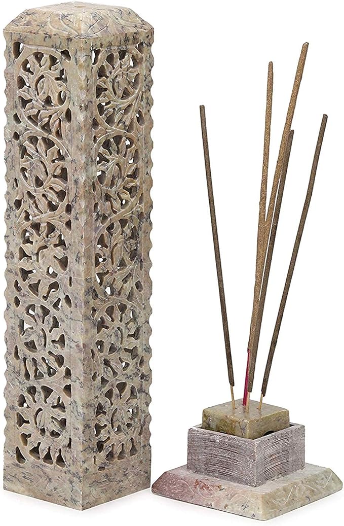 Carry Me Handmade Marble Soapstone Incense Stick Burner | Candle Stick Holder | Tea Light Stand - Perfect Incense Tower for Gifting. Decorative Home and Kitchen Decor (3 x 3 x 11 Inches)