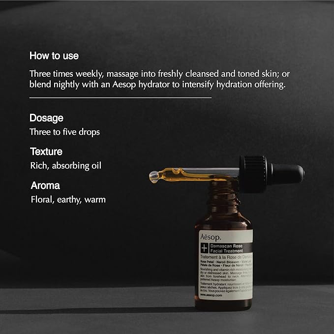 Aesop Damascan Rose Facial Treatment Oil | Hydrating Face Oil with Rose Petal, Neroli Blossom & Violet Leaf | Nourishing Vitamins & Fatty Acids for Dry, Distressed Skin | 0.8 fl oz