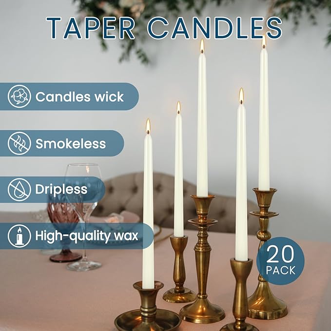 20 Pack Ivory Taper Candles 12 Inch Tall 3/4 Inch Thick Burn 10 Hours
