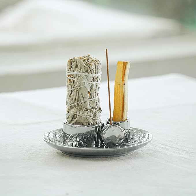 4 in 1 Incense Holder, Ceramic Incense Stick and Palo Santo Holder,Sage Holder for Burning- 5.5" Ceramic Ash Catcher Tray for Meditation and Yoga Room (Silver)
