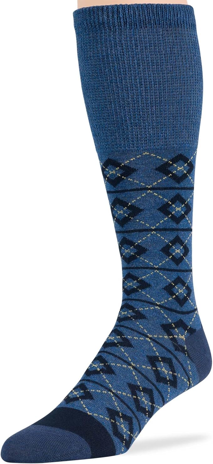 7BigStars Men Diabetic Loose Dress Business Cotton Mid Calf Socks - 5 Pack Big Tall - Geometric, Argyle, Stripe - Sock Size 13-15 Shoe Size 12-15 XL Dark Navy, Denim Blue