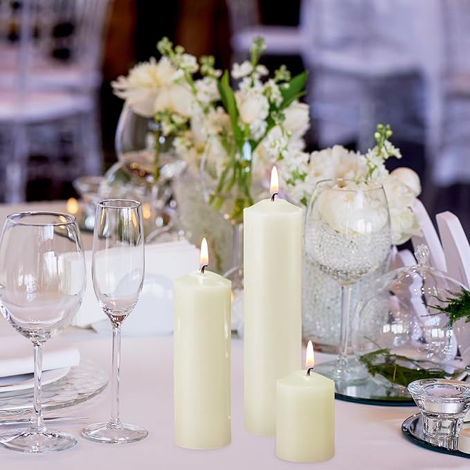 MTLEE 18 Pcs Set of 3 Pillar Candles Bulk 2 in x 3, 6, 8 Long Burning Clean Unscented Smokeless Pillar Candles for Wedding Emergency Lanterns Ceremony Party(Ivory White)