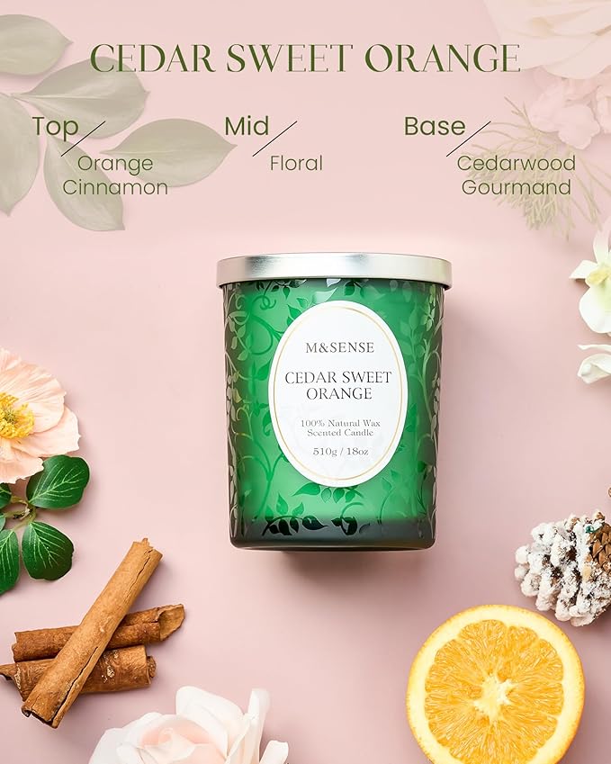 M&SENSE Cedar Orange Candles, Wooden Wick Strong Scented Candle, 100 Hours Long Burning No Toxin Natural Soy Wax 18oz, Cozy Air Purifying Relaxing Home Fragrance, Housewarming Gifts for Her Him