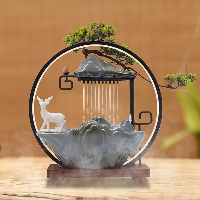 Backflow Incense Holder with Water Fountains and LED Light, Rockery, Deer and Plants Perfect for Relaxing or Home Decor (Deer witn Rockery)
