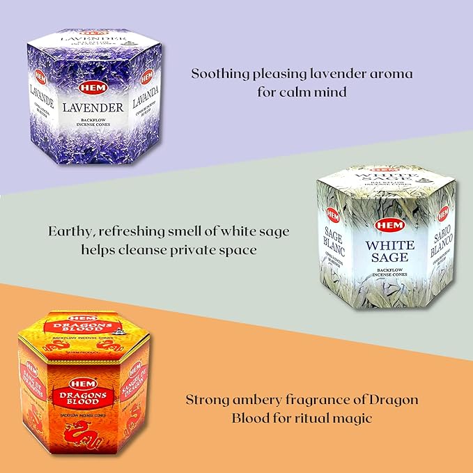 Hem Backflow Incense Cones Variety - Large Pack 240 Cones + 6 Type| Palo Santo, Lavender, Sandalwood, White sage, Patchouli & Dragons Blood