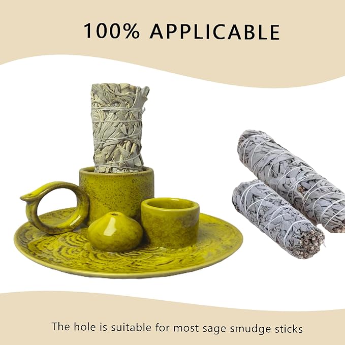4 in 1 Incense Burner Holder for Sticks, Palo Santo Sticks Holder, Candle and Sage Holder for Burning Ceramic Ash Catcher Tray for Meditation Yoga Room Home Decor (Yellow)