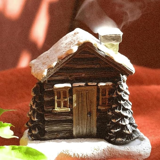 Log Cabin Incense Burner with Smoking Chimney, Resin Christmas Log Cabin Incense Cone Burner, Snowy Winter Rustic Aromatherapy Incenses Holder, Home Tabletop Christmas DecorIncense Burner(2PCS)