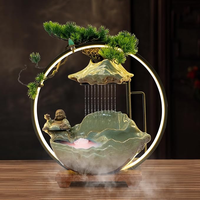 Backflow Incense Holder with Water Fountains and LED Light, Rockery, Maitreya and Plants Perfect for Relaxing or Home Decor (Maitreya witn Rockery)