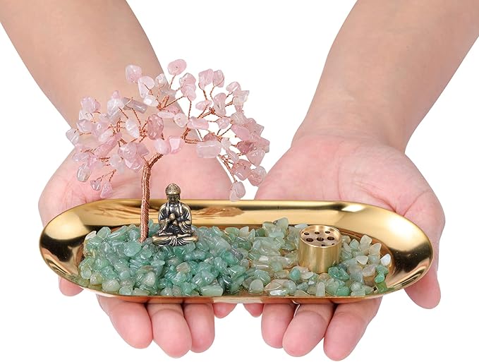 Jovivi Crystal Incense Holder for Sticks, Rose Quartz Healing Crystal Stone Money Tree Buddha Statue Set Incense Burner, Incense Trays for Wealth, Good Luck,Yoga Meditation Home Decor