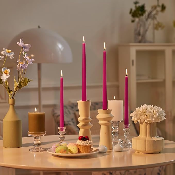 New Burning Formula Unscented Dripless 10-Inch Taper Candles Set of 12 - Hot Pink, for Wedding, Dinner - Smokeless, Long Burning - Hand Poured, Colored Tall Candlesticks - Rosa Intenso