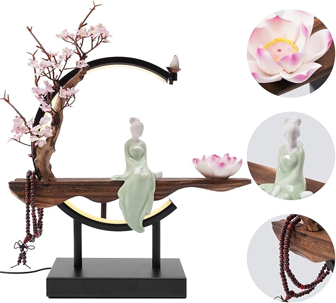 Backflow Incense Holder Incense Burner with Adjustable LED Light Ring Chinese Style Handmade Flower Censer,Compatible with Cone and Stick Incense (C)