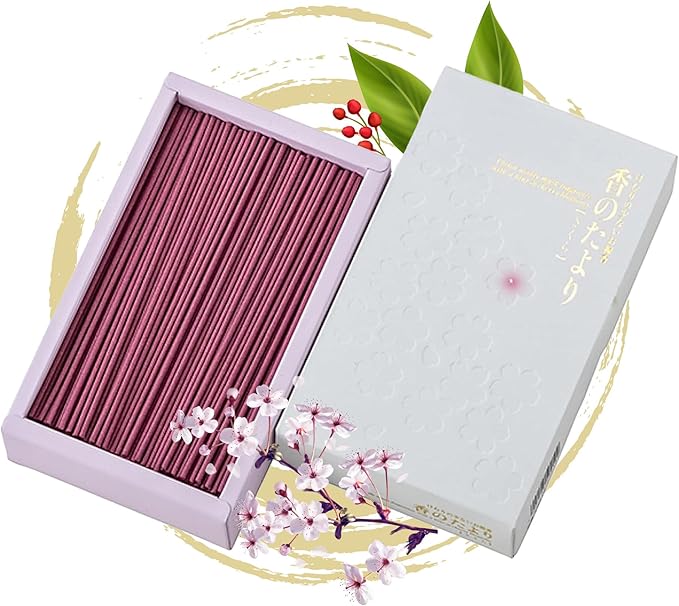 Hasegawa '香のたより' Sakura Scent | Japanese Low Smoke Incense Stick | Rare Agarwood and Floral Woody Musk Blend | 25-Minute Burn, 160g | Cherry Blossom Patterned Packaging