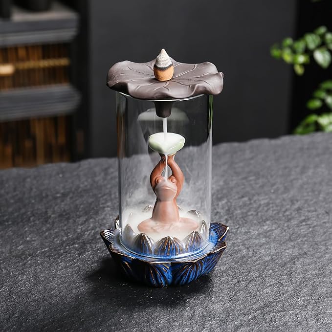 ChangWanna Frog Incense Burner Holder - Ceramic Lotus Incense Holder Ash Catcher, Glass Incense Holder for Sticks, Insence-stick Holder Ornament for Aromatherapy/Yoga/Meditation/Home Room Office Decor
