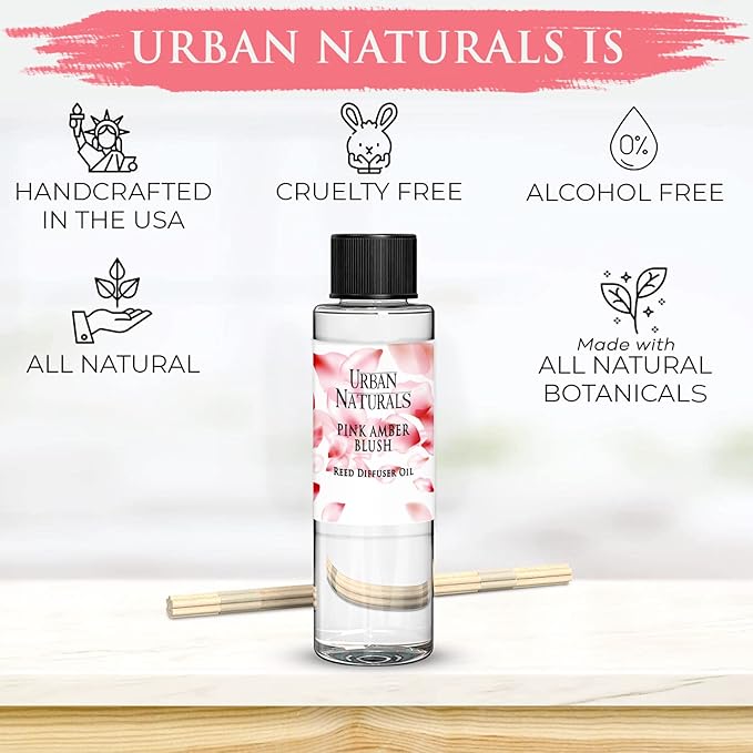 Urban Naturals Reed Diffuser Oil Refill, Pink Amber Blush Fragrance Oil with Florals, Fruits, Vanilla, 4 oz + Free Reed Sticks, Made in The USA