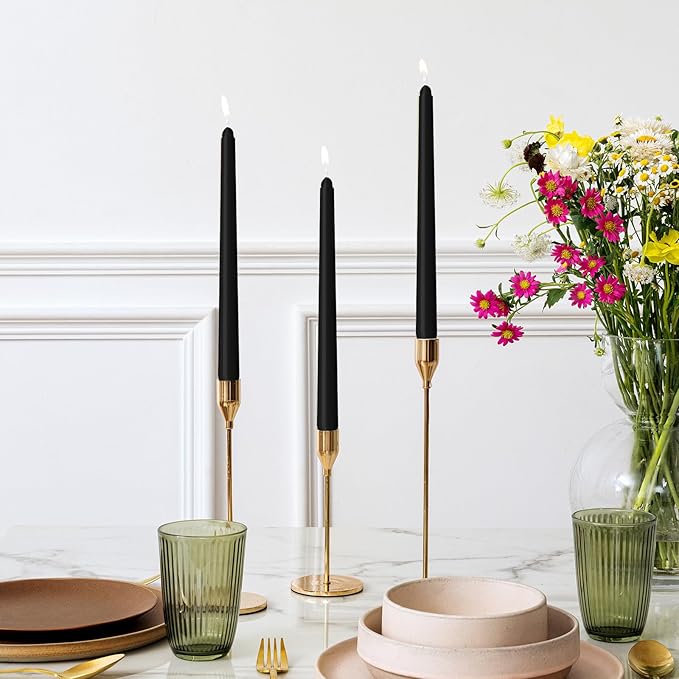 12 Pack Black Taper Candles 10 inch - Taper Candles Dripless, Smokeless, Unscented - 8 Hours Long Burning - Hand Poured Tall Candlesticks - Perfect for Home Decor, Weddings, and Special Occasions