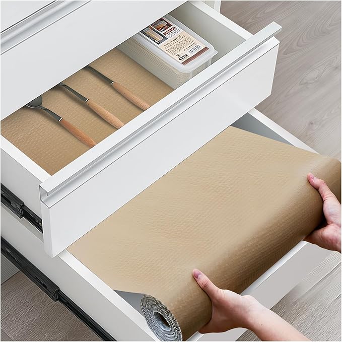 Shelf and Drawer Liner, Kitchen Cabinet Liners Non-Adhesive Thick Non-Slip Waterproof Washable Fragrant Mats Protect Dresser Shelves Cupboard Bathroom Cabinets, Beige, 24 in X 20 FT