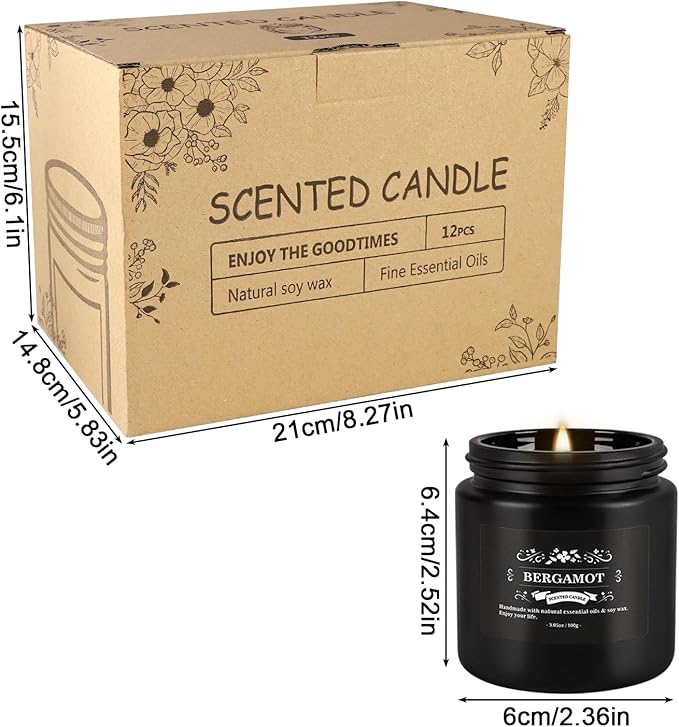 Scented Candle Set 12 Pack,Black, Candle for Home Scented, Odor Eliminating, Stress Relief, Long Lasting Soy Wax Gift Set