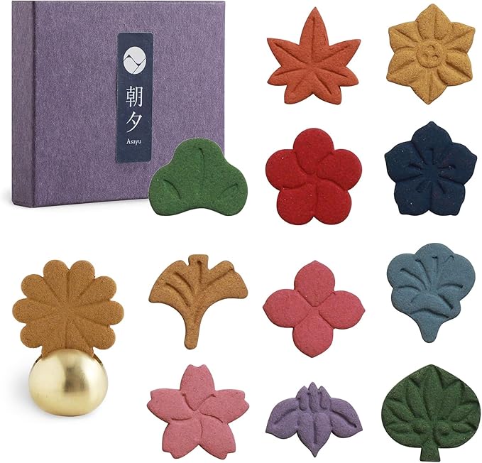 Flower Shaped Pressed Incense Set with Brass Holder (12PCS) by Asayu Japan