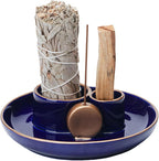 4 in 1 Incense Holder, Ceramic Incense Stick and Palo Santo Holder,Sage Holder for Burning- 5.5" Ceramic Ash Catcher Tray for Meditation and Yoga Room (Blue Golden)