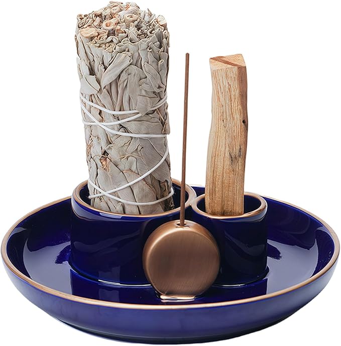 4 in 1 Incense Holder, Ceramic Incense Stick and Palo Santo Holder,Sage Holder for Burning- 5.5" Ceramic Ash Catcher Tray for Meditation and Yoga Room (Blue Golden)