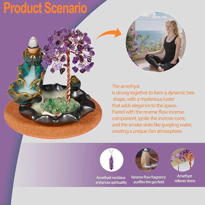Amethyst Incense Holder Burner, Waterfall Fountain Backflow Cone Burner, Healing Crystal and Stone, Women Gifts for Christma