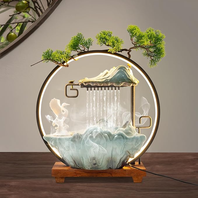 Backflow Incense Holder with Water Fountains and LED Light, Rockery, Crane and Plants Perfect for Relaxing or Home Decor