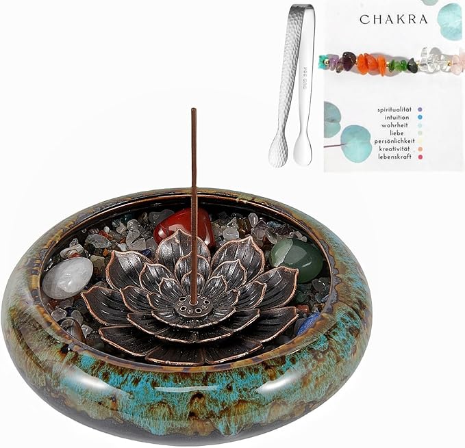 Incense Stick Holder - Blue Ceramic Incense Burner， Crystal Lotus Incense Holder, Incense Burner for Cone, Coil, Sage Cones, Frankincense, and Palo Santo