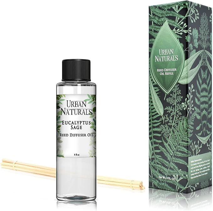 Urban Naturals Eucalyptus & Sage Oil Reed Diffuser Refill | Eucalyptus, Sage, Mint, Lime and Cedarwood| Includes a Free Set of Reed Sticks! 4 oz