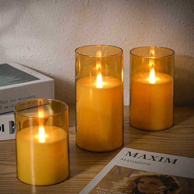Flameless Candles, LED Candles with Remote Control and Timer, New True Analog 3D Wick Battery-Powered Acrylic Column Candle for Romantic Ambiance and Home Décor, Set of 3 (Gold)
