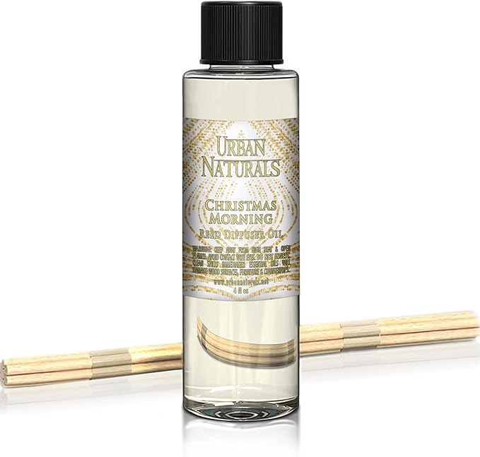 Urban Naturals Reed Diffuser Oil Refill Christmas Morning, Rosemary, Eucalyptus, Balsam Spruce, Orange, Essential Oils, 4 oz + Free Reed Sticks, Made in The USA