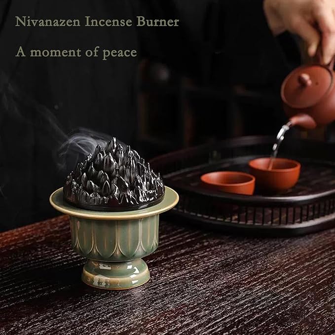 Ceramic Incense Burner with Lid of Mountain Shape,Incense Cone Holder for Coil Incense and Powder Incense,Mediation Gift,Room Decor(Celadon)