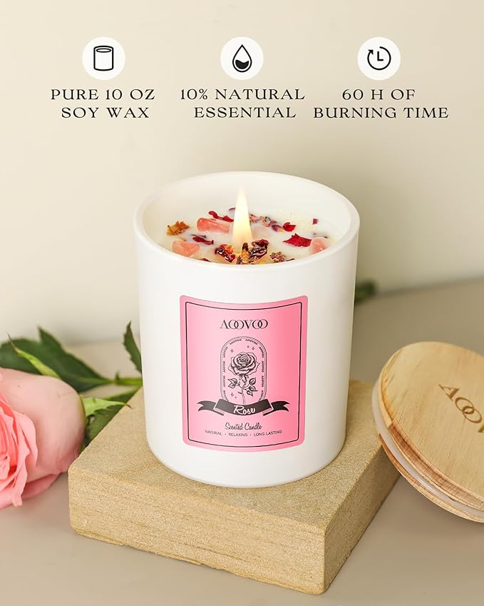 AOOVOO Rose Scented Candles for Women - Aromatherapy Candle with Crystals Inside, 10oz Soy Candles for Home Scented, Birthday Gifts Mothers Day Candle for Mom Women