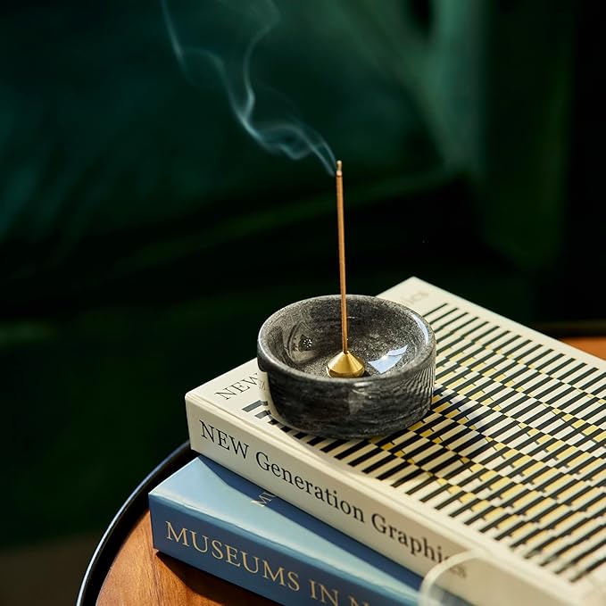 100% Marble Incense Holder Set, Stick Burner, Cone Ash Catcher Bowl, Japanese Incense Stand with Sandalwood Sticks and 2 Brass Burners, Mini-3”, Zen,Gray