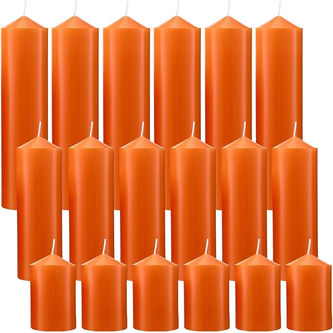 MTLEE 18 Pcs Set of 3 Pillar Candles Bulk 2 in x 3, 6, 8 Long Burning Clean Unscented Smokeless Pillar Candles for Wedding Emergency Lanterns Ceremony Party (Orange)