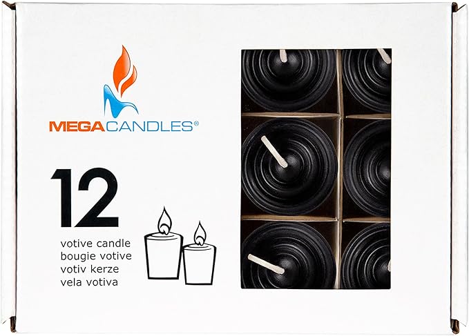 Mega Candles 12 pcs Unscented Black Votive Candles, Hand Poured Wax Candle 15 Hours 1.5 Inch x 2.25 Inch, Home Décor, Wedding Receptions, Centerpieces, Occasions, Events, Meditations, Holders