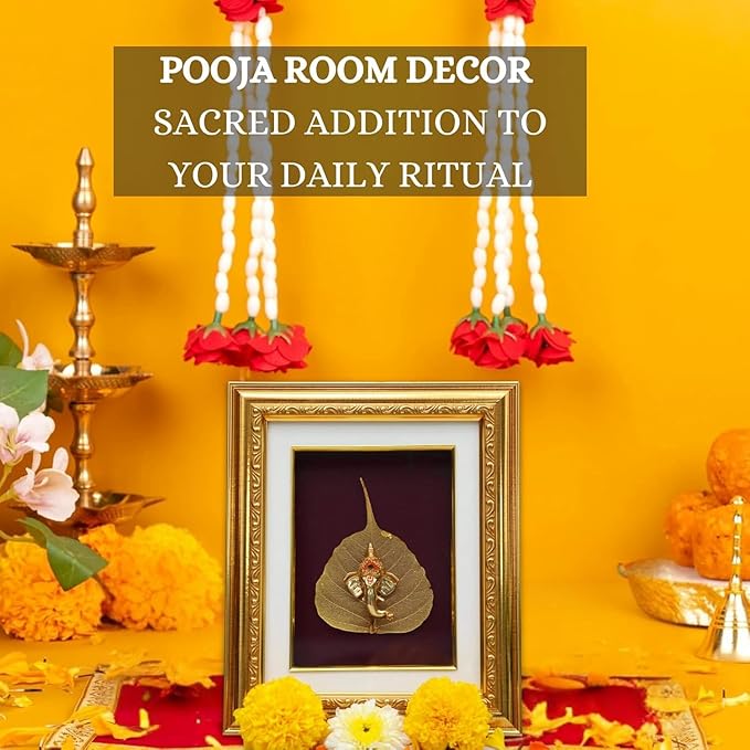 Golden Ganesha Gold Leaf - God Gold Plated Decorative Photo Frame | for Gifting, Home Decor, Table Decor and Temple or Pooja Room Decoration (9.5 x 8 Inches)