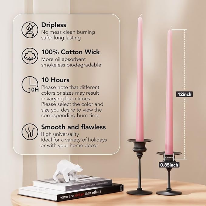New Burning Formula Unscented Dripless 12-Inch Taper Candles Set of 12 - Pink, for Wedding, Dinner - Smokeless, Long Burning - Hand Poured, Colored Tall Candlesticks - Rosa