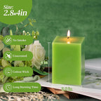 KONNI Square Green Pillar Candles Set of 3, 2.8"x 4" Unscented Pillar Candles Bulk, 30 Hours Long Burning Candles, Smokeless and Dripless Large Candle for Wedding, Home Decoration, Parties, Spas
