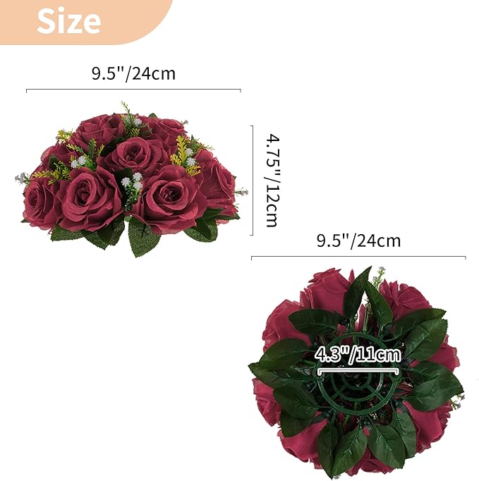 NUPTIO Flower Ball Arrangement Bouquet - 6 Pcs 9.5 inch Diameter Burgundy Fake Flowers Roses Balls for Centerpieces Tables - Artificial Rose Arrangements for Wedding Centerpiece Table Decorations