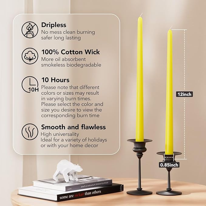 New Burning Formula Unscented Dripless 12-Inch Taper Candles Set of 12 - Yellow, for Wedding, Dinner - Smokeless, Long Burning - Hand Poured, Colored Tall Candlesticks - Amarillo
