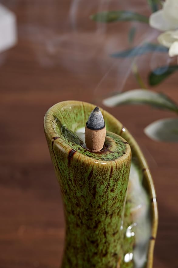 Unique Cloud Stairs Ceramic Waterfall Incense Holder, Paired with a Pack of Backflow Incense Cones. (Fambe Green)