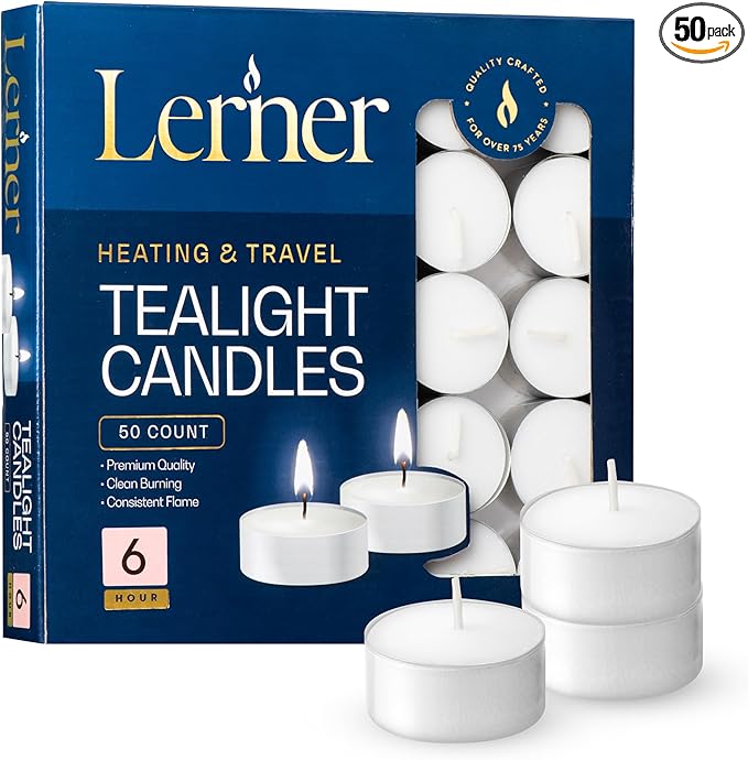 Lerner Tealight Candles, 50 Count | 6 Hour Long-Burning White Tea Lights | Non-Toxic, Smokeless & Soot-Free
