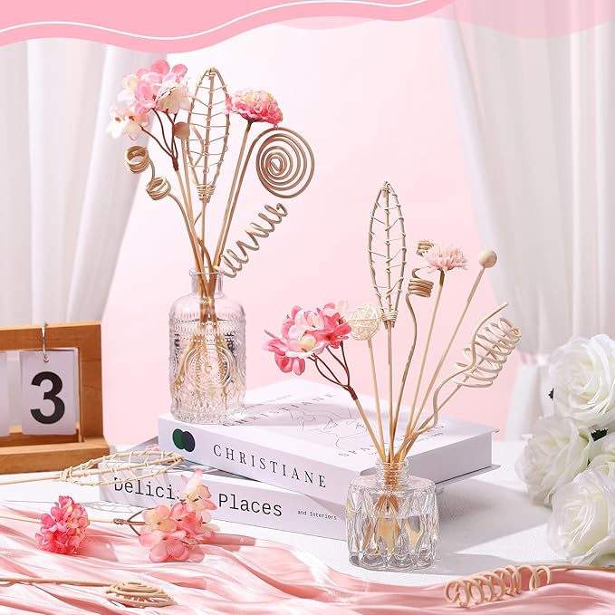 Queekay 32 Pcs Reed Diffuser Sticks Set Include 21pcs Natural Rattan Wood Beads, 11 Style Fragrance Diffuser, Rattan Reed Fragrance Replacement for Home(Pink Color)