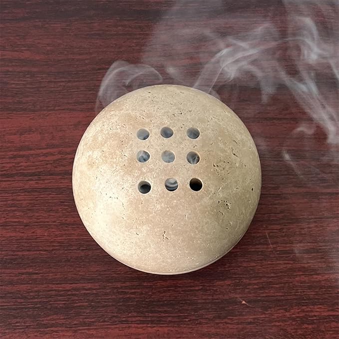 9 Holes Handmade Natural Marble Round Incense Burner Holder for Meditation Decorative Room/Kitchen/Coffee Shop (Beige Travertine Stone)