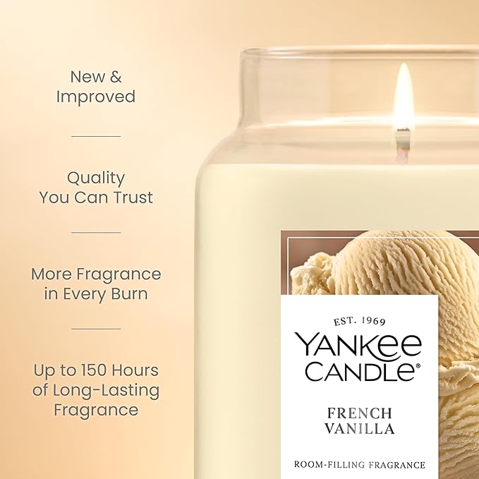 Yankee Candle Large Jar Scented Candle with up to 150 Hour Burn Time, Premium Plant Wax Blend for Consistent Burn, 22 oz Jar Candle with Room Filling Fragrance, French Vanilla