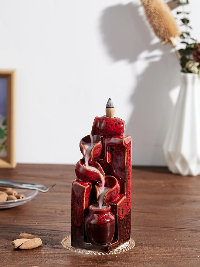 Unique Cascading Basins Ceramic Waterfall Incense Holder, Paired with a Pack of Backflow Incense Cones. (Fambe Red)