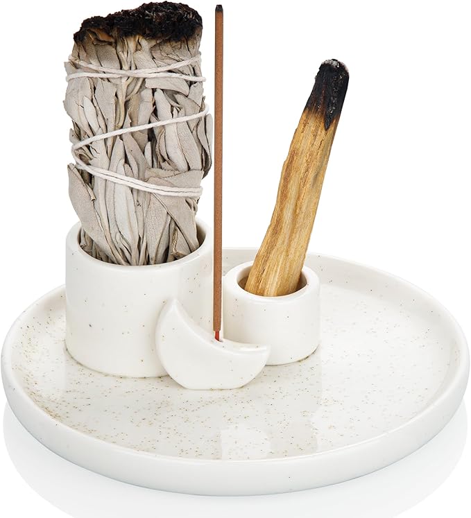 ZenBless 4 in 1 Incense Burner Holder, Palo Santo Holder, Sage Holder for Burning, Incense Holder for Sticks, Candle Holder, Ceramic Ash Catcher Tray for Meditation Yoga Room Home Decor (White)