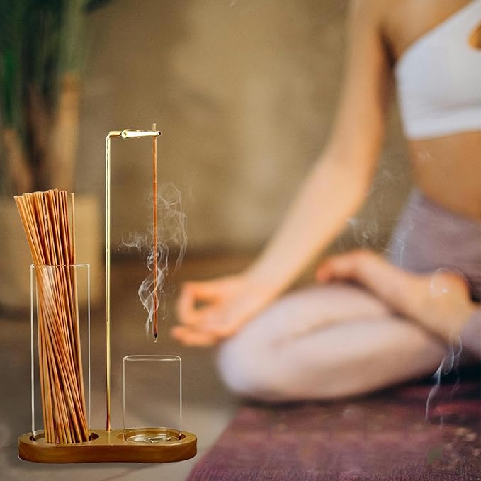 Incense Holder for Sticks with Ash Catcher-2 in 1 Glass Incense Stick & Candle Holder with Storage, Anti-Ash Flying insence-Sticks Burner for Meditation Yoga Spa Home Decor sage (Dark Base)